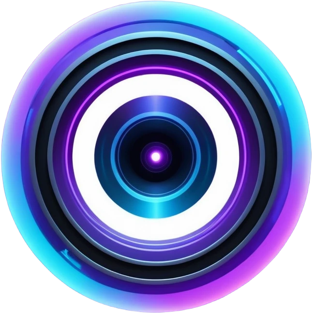 Futuristic camera aperture transforming into a vortex of light rays converging on a glowing product silhouette (e.g., lamp, watch), deep space blue (#0A1A2F) to electric violet (#8A2BE2) gradient with neon cyan (#00FFFF) emoji