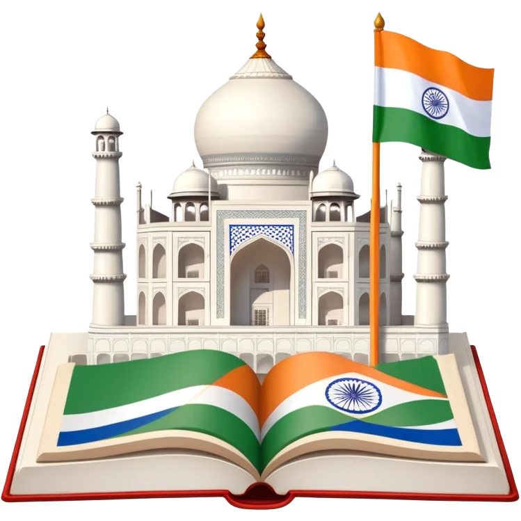 An icon featuring the Taj Mahal and the flag of India, symbolizing the Hindi language. The design includes an open book with Hindi script and a traditional Indian flute, representing language learning and cultural richness. Transparent background highlights the heritage of India. emoji