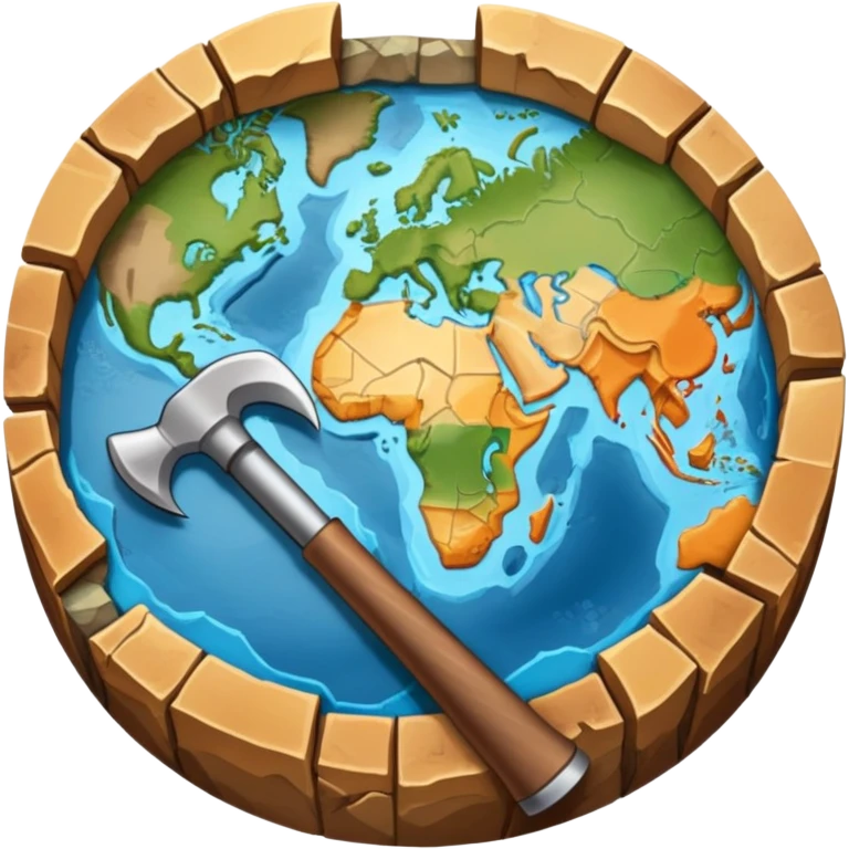 An icon featuring a pickaxe and a geological map, and layers of Earth’s crust, symbolizing geology. The design includes mineral samples, fossils, and tectonic plates, representing the study of Earth’s structure and natural processes. Transparent background highlights geological exploration emoji