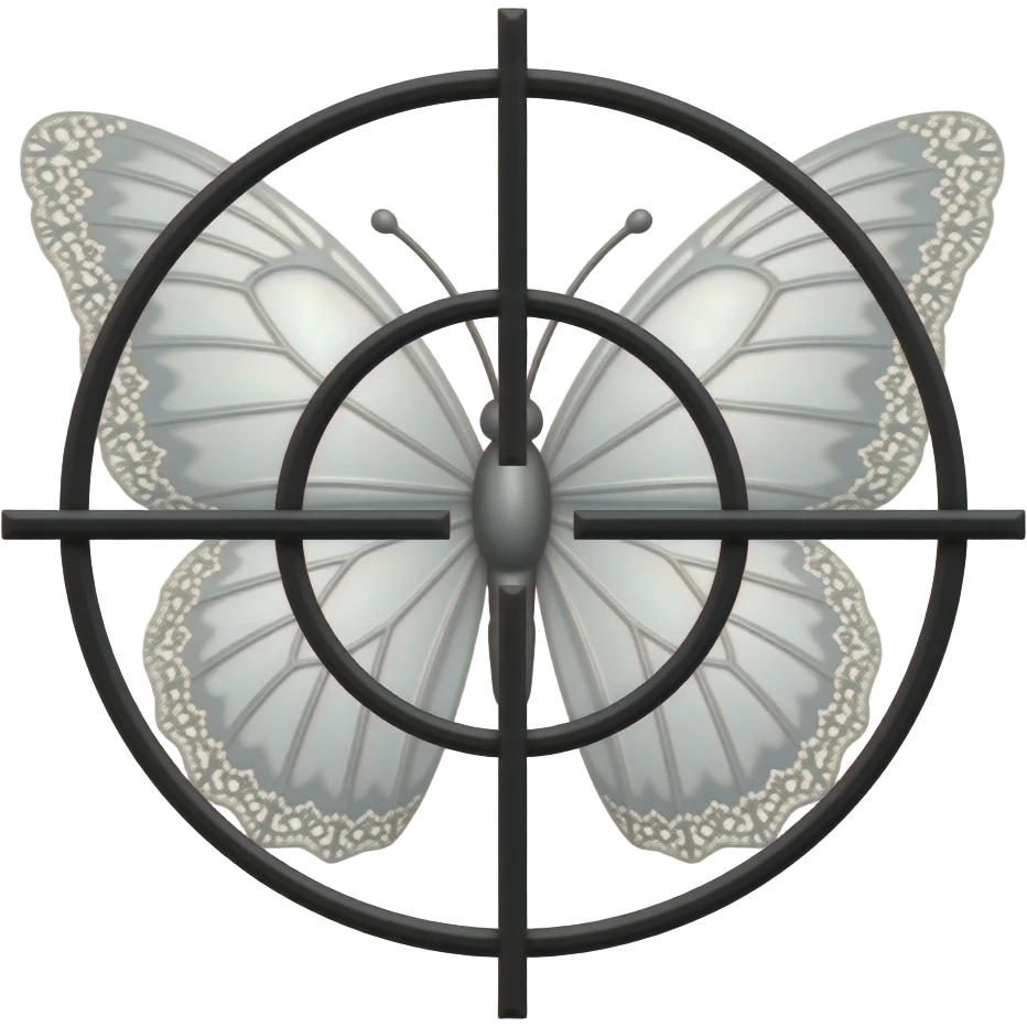 subtle elegant white butterfly, 3D emoji gothic butterfly, white velvet, white filigree, white lace trim, black sniper crosshair overlay emoji