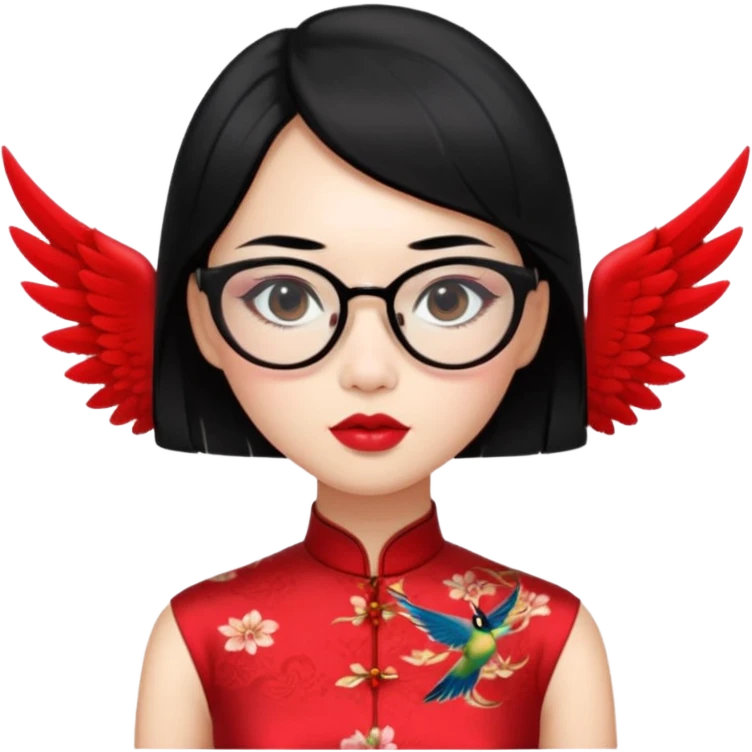 an oriental lady wearing red cheongsam, red lipstick, winged eyeliner, fair light a bit pink skin, small nose, a bit thick sensual lips, not too slim but not fat, wearing transparent glasses, black hair mid length emoji