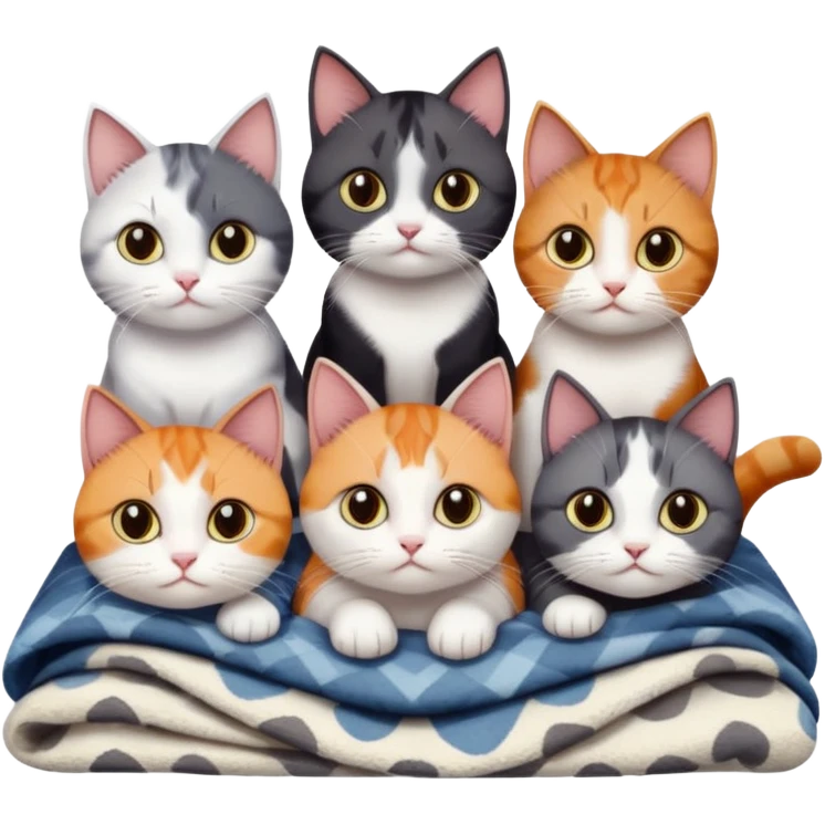 5 different coloured short haired cats including; a dark brown and white cat, and a dark grey and white, and a calico emoji
