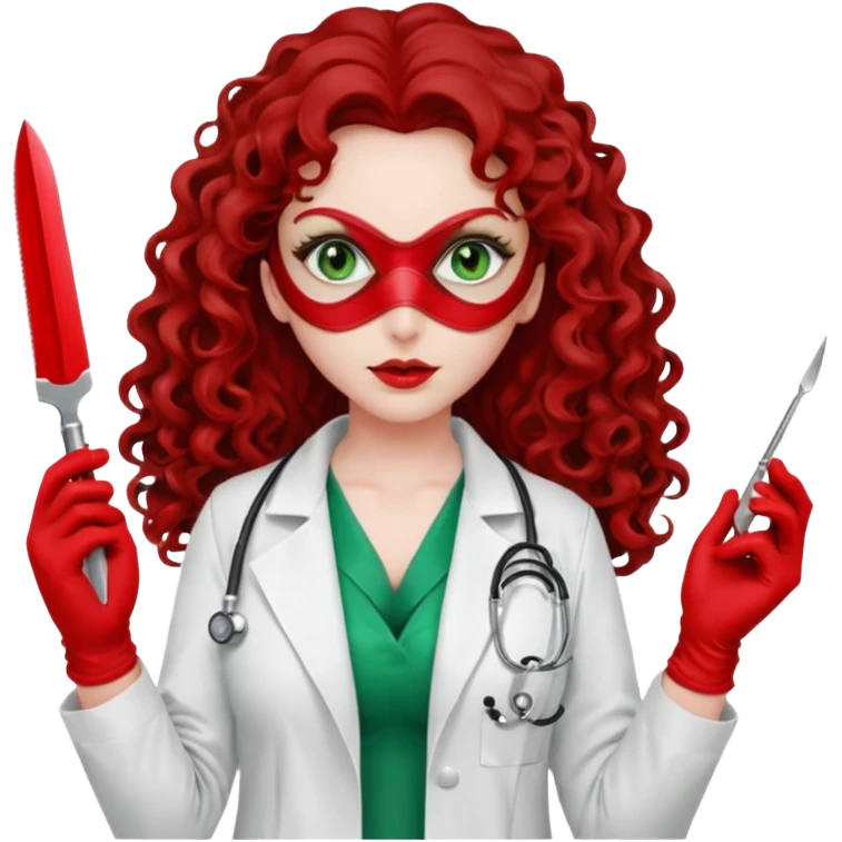 Lilith sexy evil woman. She has green eyes.  had brown long curly hair.  evil surgeon kills with scalpel wears red sexy doctor coat with red long mouth cover red gloves.  emoji