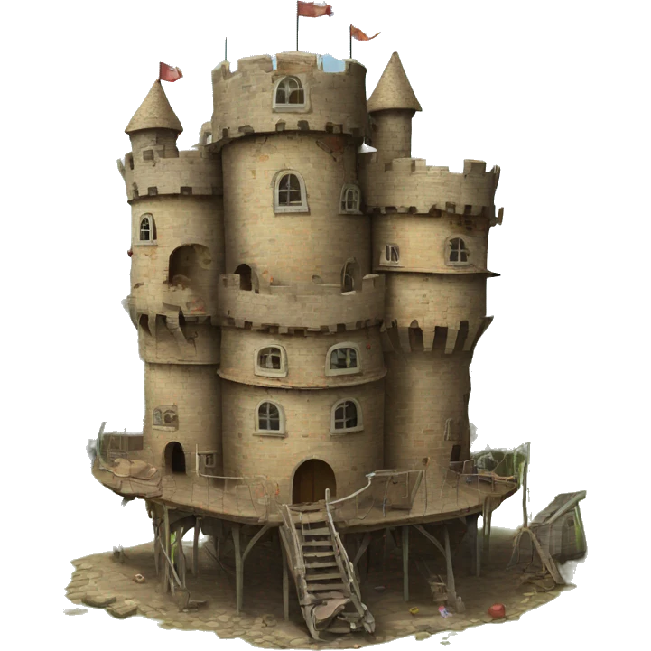 Multiple pieces of junk creating large round castle house, on four tall legs  emoji