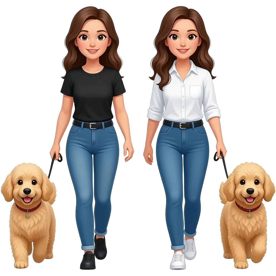 two brown haired women wearing black shirt, one wearing white shirt. walking two goldendoodles emoji