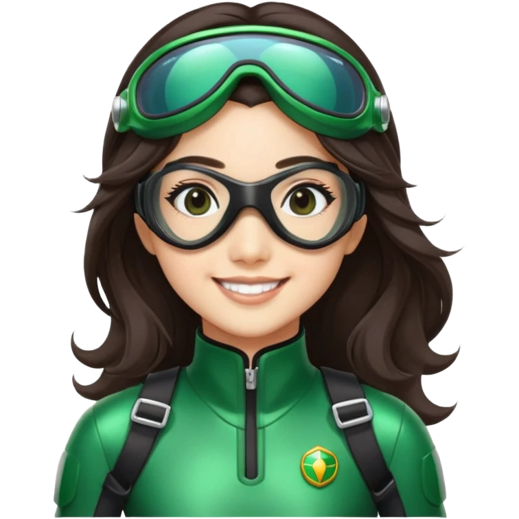 green Power Ranger, Asian girl with long, less wavy dark brown hair, side parting, smiling, wearing scuba goggles emoji