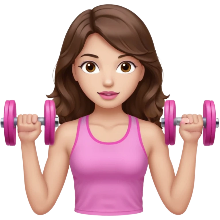 girl with wavy long brown hair, brown eyes, light to medium complexion, long lashes, light pink lipstick, wearing light pink shirt, lifting pink dumbbells in a sports top emoji