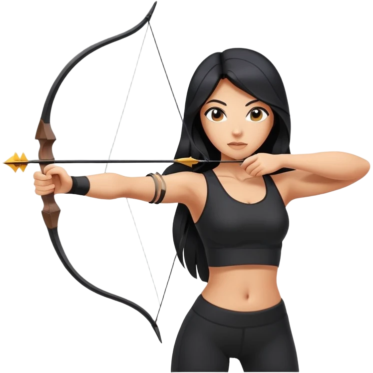 woman tanned long black hair, shooting bow and arrow , black yoga clothes emoji