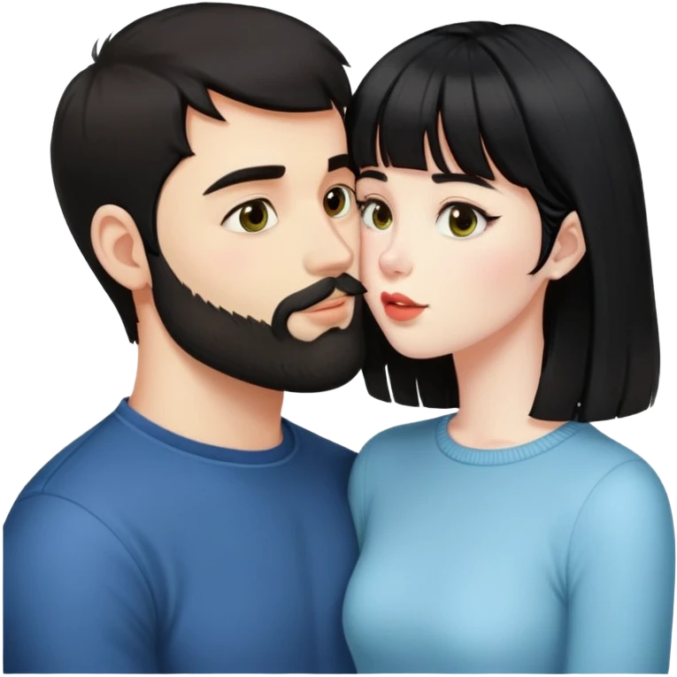 30-year-old guy with dark hair and short, dark beard kissing a 28-year-old cute girl with pale skin and black hair with bangs ￼ emoji