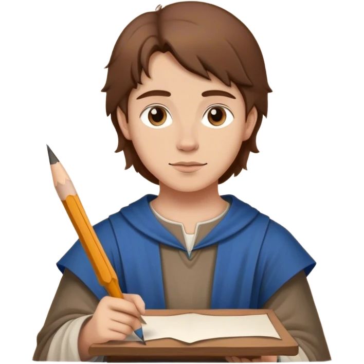 medieval painter apprentice with brown hair drawing paper and pencil emoji