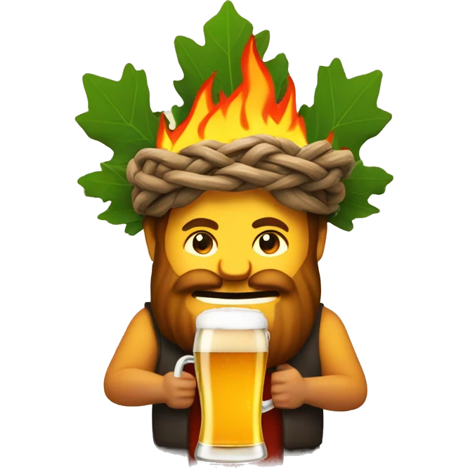 man on fire with oak-tree wreath on his head and beer in his hands emoji