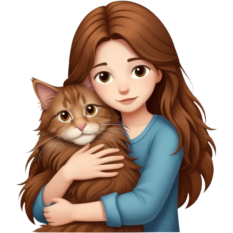 A girl with long  hair tightly hugged a Maine coon emoji