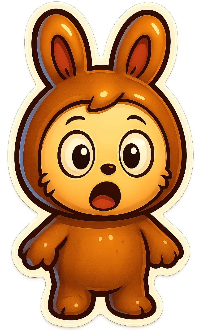 Change the brown bunny character's face to a surprised expression with wide eyes and open mouth, keeping the same retro stickers style. emoji
