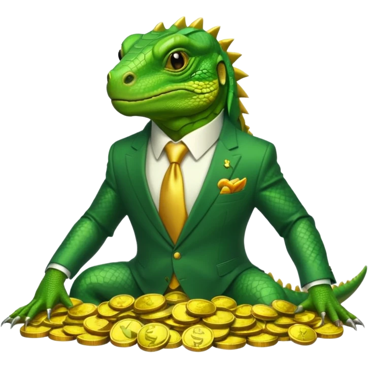 capitalist iguana in suit lying on coins emoji