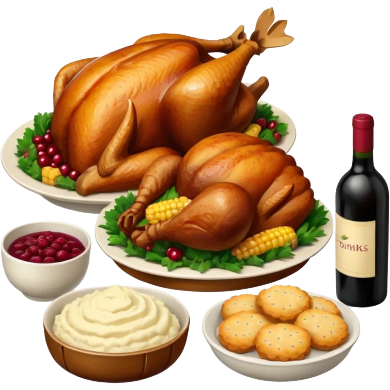 Thanksgiving Dinner with friends of all different races; have the food be a cooked turkey, mashed potatoes, corn, a basket of biscuits, a small bowl of cranberry sauce, baked yams, steamed vegetables, and a bottle of wine. emoji