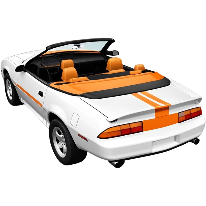 3rd generation 1992 convertible Camaro, white with orange hood and deck stripes, rear angle emoji