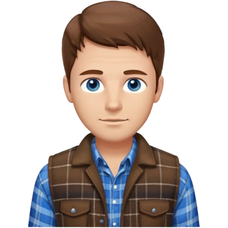 Hombre de pelo castaño ojos azules muy atractivo camisa de franela y chaleco emoji