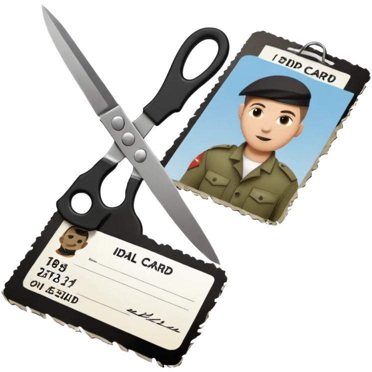 Floating black Scissors cutting in half an idf soldier ID card in 2 parts .hyper realistic emoji