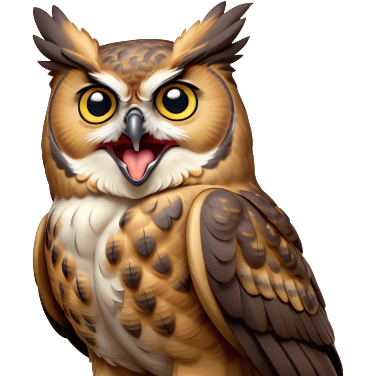 Cinematic Cute Yawning Great Horned Owl Portrait Emoji, Head tilted slightly with a dramatic, wide-open yawn, showcasing a soft, downy mottled plumage with gently drooping feathers, round golden eyes barely open in drowsy contentment, Simplified yet irresistibly adorable features, highly detailed, glowing with a soft, cozy glow, high shine, relaxed yet expressive, stylized with a touch of nocturnal whimsy, bright and endearing, soft glowing outline, capturing the essence of a sleepy yet affectionate owl, so drowsy it feels like it could glide out of the screen and curl up for a nap! emoji