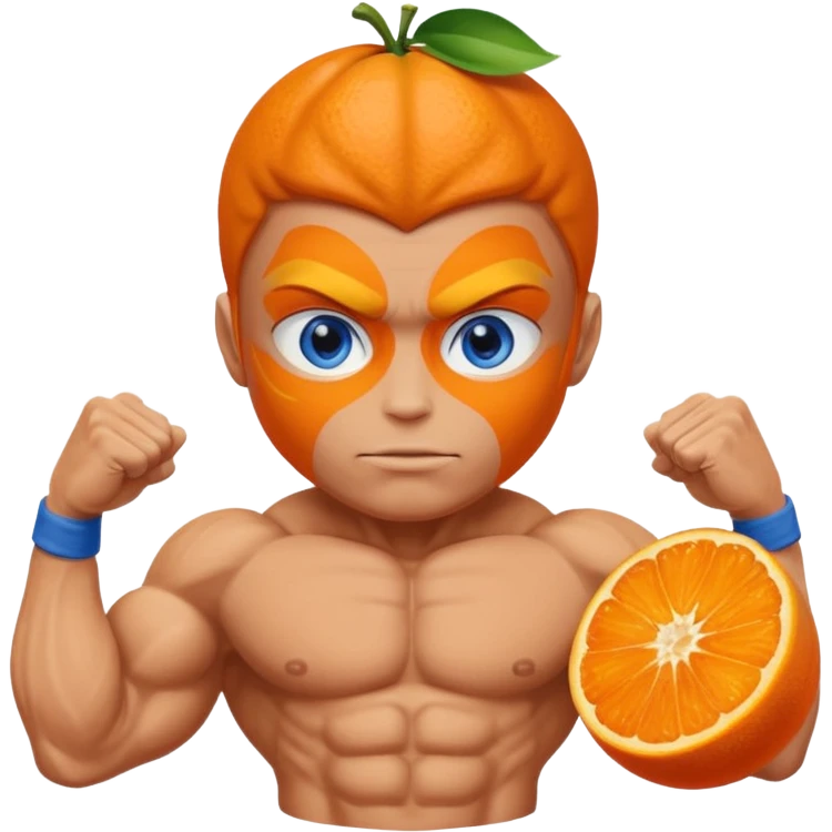 A body builder with a orange 🍊 fruit head and blue eyes emoji