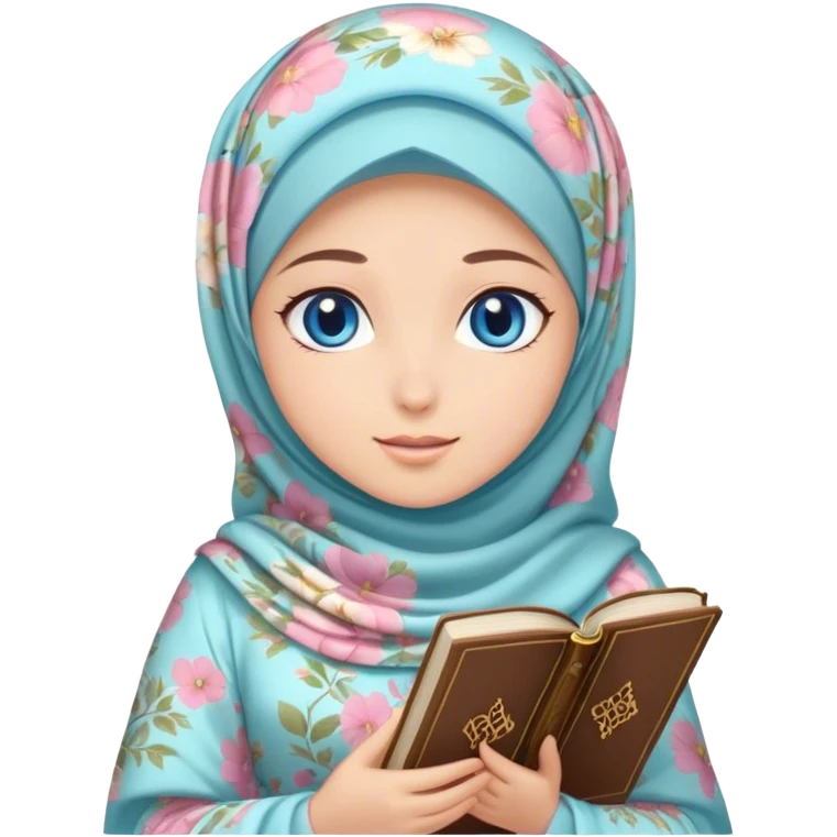 Turkish beautiful finish Konya girl blue eyes with hijab and pastel floral dress have Quran  emoji