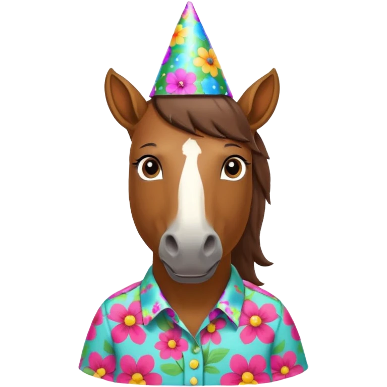 horse in flowered shirt with party hat, front view emoji