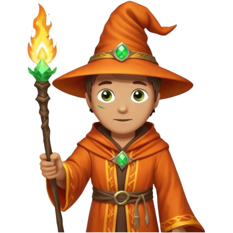 Cinematic Realistic Fire wizard,  A male fire wizard with green eyes and a bright light from the right side with a wizard's fire wand  emoji