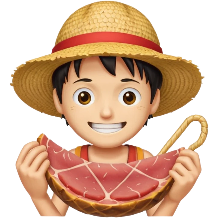 An emoji of luffy in a straw hat in one piece eating meat and laughing.  emoji