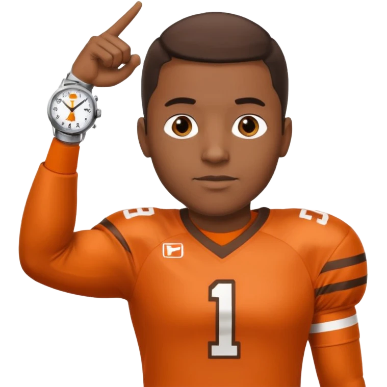 Black man in a brown and orange football jersey holding up his left arm with a watch on, pointing at the watch with his right hand emoji