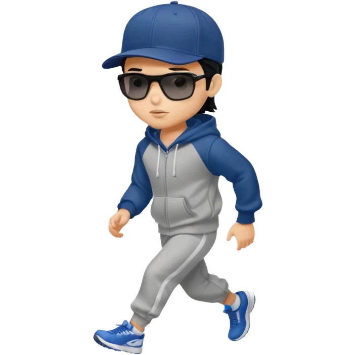 generate a fair pretty bratz boy wearing a dark blue baseball cap with black sunglasses and a grey hoodie jogging

hair black  emoji