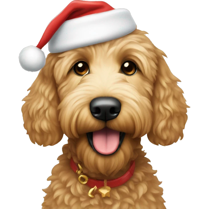 Golden doodle with a Santa hat emoji