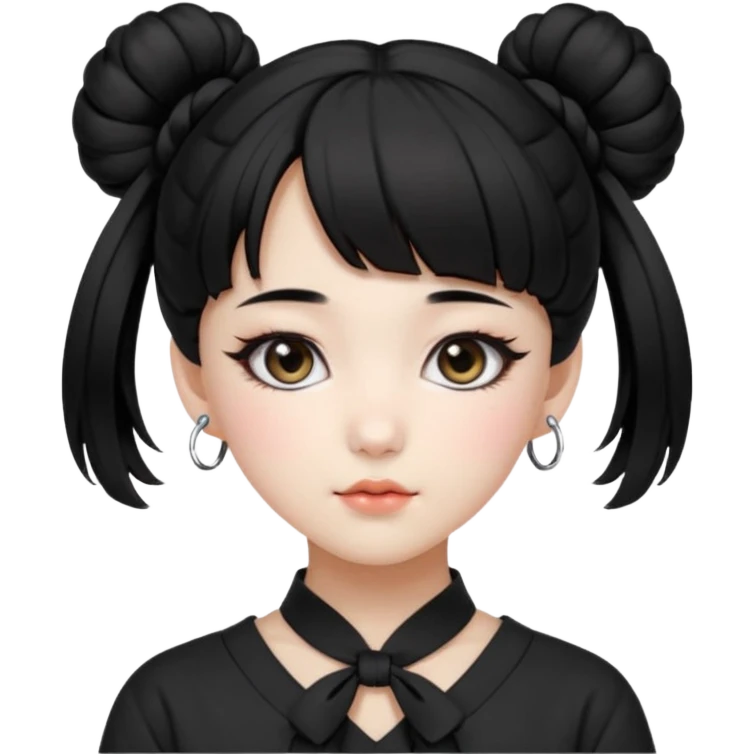 a beautiful girl face, wearing cute korean makeup, black hair, tied into two buns low near the ears with front bangs, kpop idol emoji