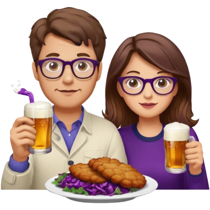 German man with glasses and brown hair and woman with glasses and brown hair eating schnitzel, red cabbage, potatoes, and drinking a beer emoji