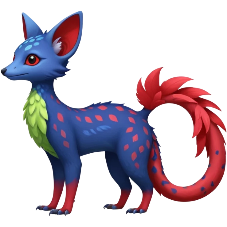 Feral Rare Fantasy vibrant tropical red and indigo and lime-colored Vernid-Trico-species-creature by LiLaiRa, random markings, tufted tail, tufted ears, full body emoji