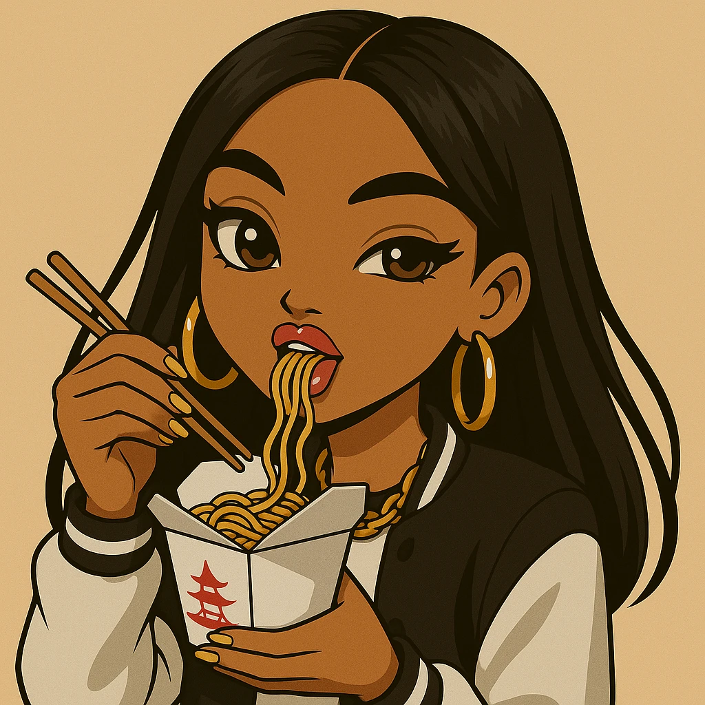 Change the pose to a headshot only of a 20-year-old anime Bratz style woman with dark skin, straight hair, trendy outfit, big expressive eyes, glossy lips, no hat, no tears, happy expression, looking straight ahead, eating out of a to-go Chinese food container with chopsticks. emoji