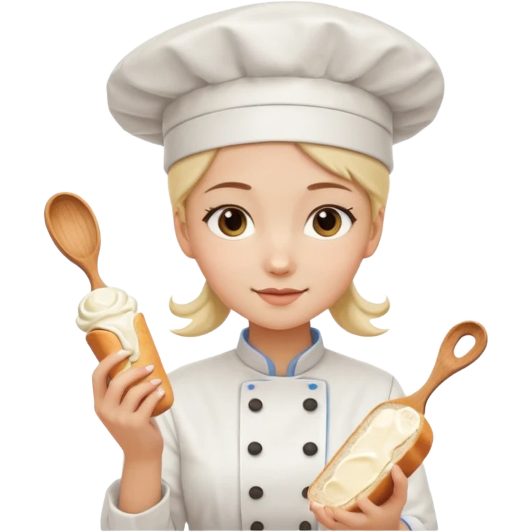 Young female baker - white chef hat, holding cream piping bag to milk oil on bread emoji