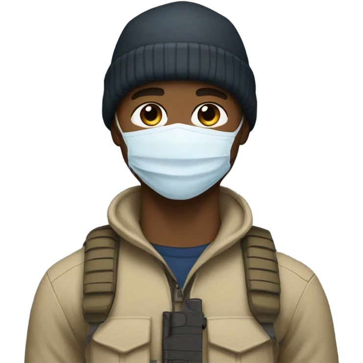 White male, face mask, tan tactical gear, tan pants, combat boots, black beanie, blue eyes emoji