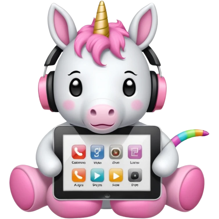 Emoji WhatsApp di un unicorno di peluche bianco con corno rosa, cuffie nere e e-reader. Stile vettoriale pulito, forme arrotondate, colori morbidi, espressione dolce, sfondo trasparente. emoji