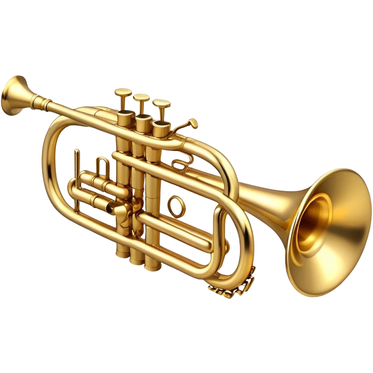 Cinematic Realistic Trumpet, polished brass with warm golden reflections, intricate valve details subtly highlighted, soft hands pressing the keys, glowing with bold and triumphant musical energy. emoji
