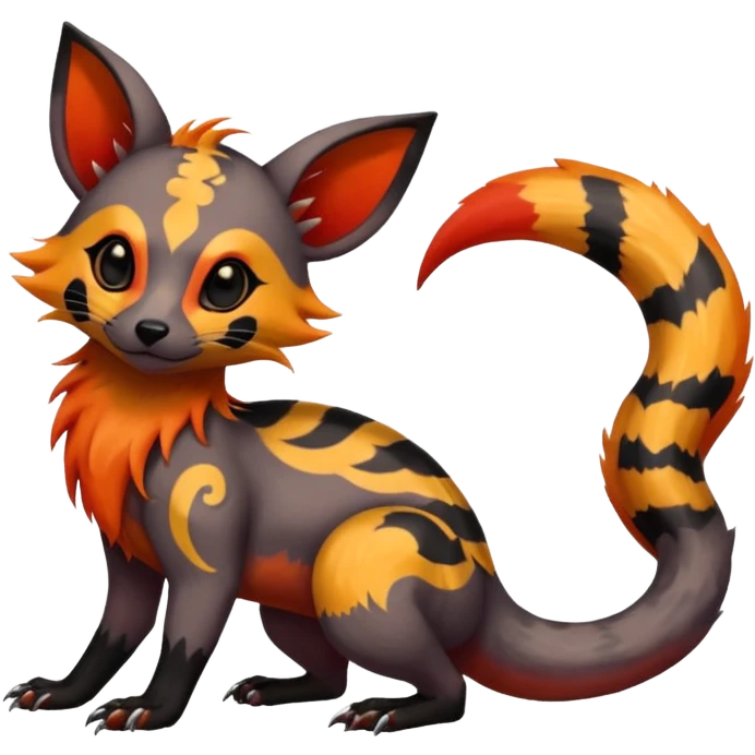 Rare warm-colored exotic cute epic aesthetic gothic colorful Salandit-Eevee-Civet-species-Fakemon-hybrid-creature, with intricate tattoo markings, full body emoji
