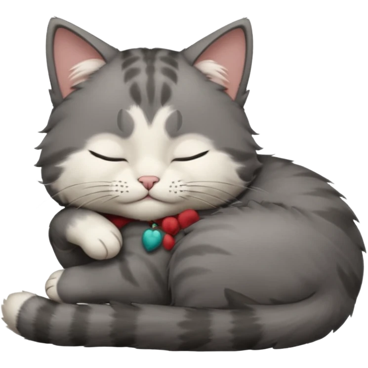 dark grey and white small cat with closed eyes, leaning his head on his paw while leaning on his elbow lying down emoji
