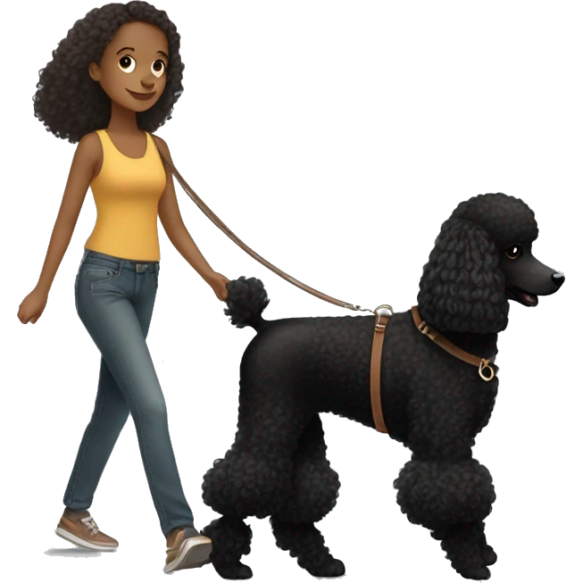 3 legs One Small unshaved Black Poodle with brown harness is walking with a black long hair pretty girl emoji