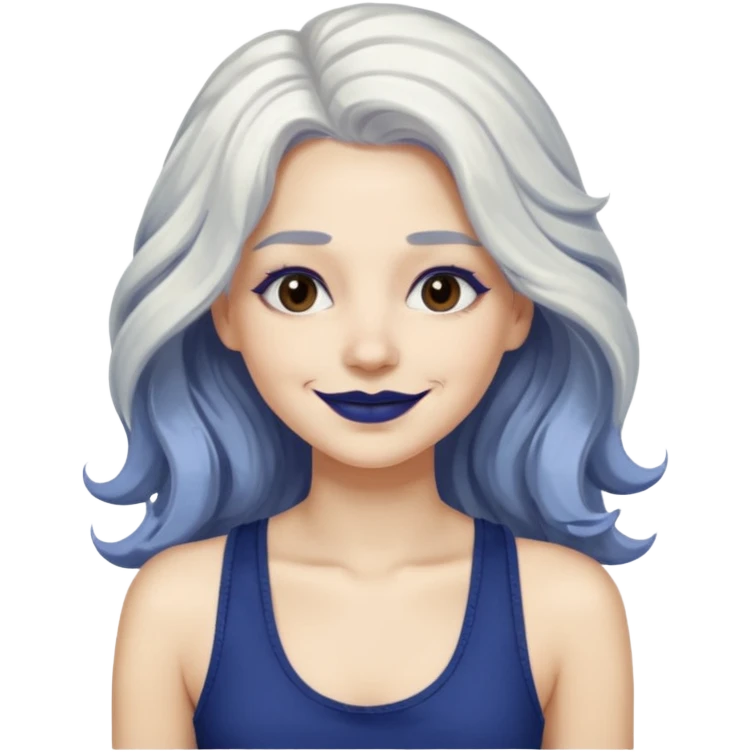 woman with wavy long white hair and brown eyes with dark blue lipstick smiling in a grunge tanktop emoji