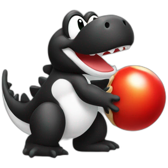 Black Yoshi holding a red shell emoji