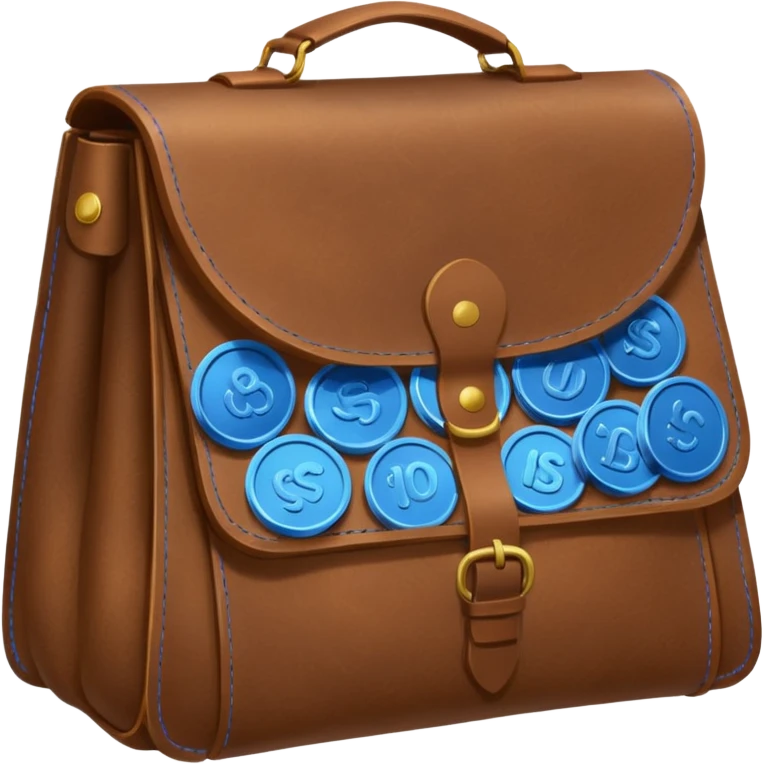 blue coins inside a brown leather bag  emoji