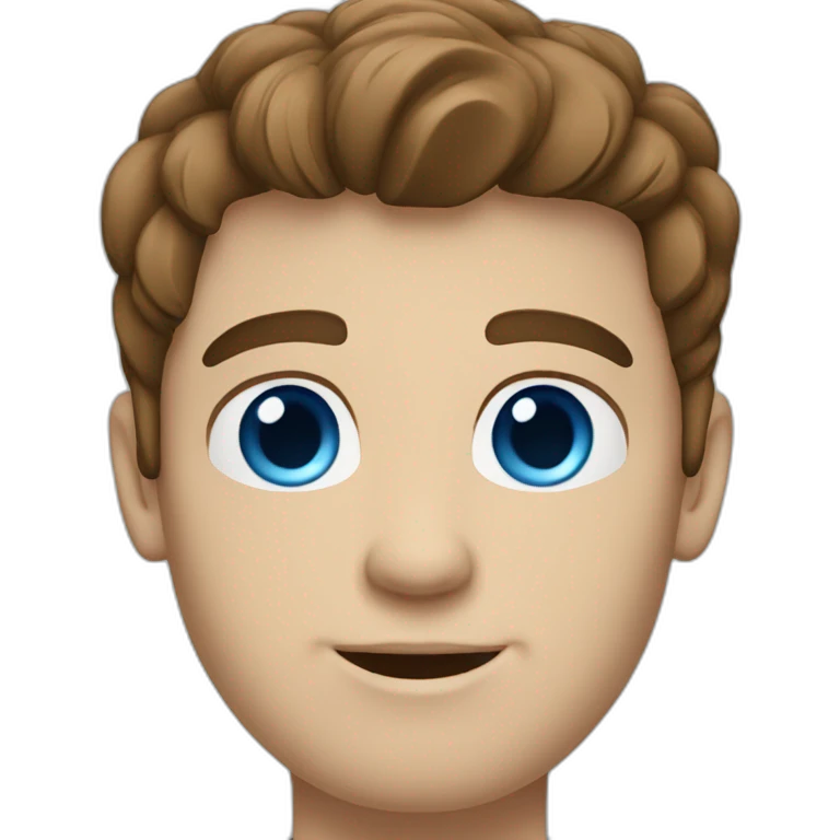 A white guy with brown hair with an middle part and blue eyes with emoji