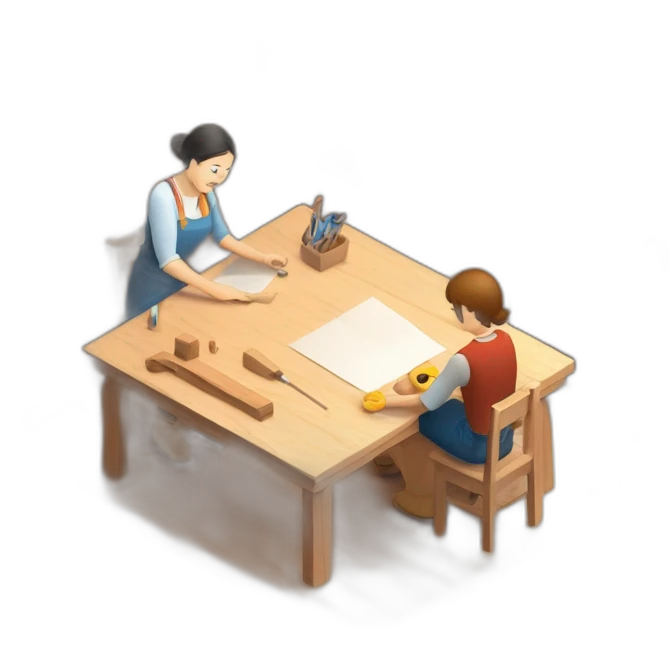 isometric square transparent solid outline border containing indoor woodworking teacher with student teaching in creative workshop on long table emoji