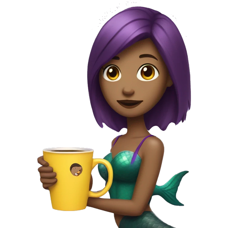 mermaid with a purple tail and a short bob haircut, brown hair, holding a cup of coffee in a yellow package emoji
