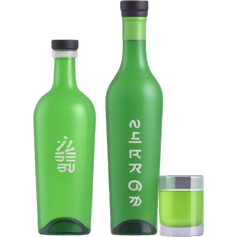 apple style 3D emoji of a green soju bottle and a small glass, with a glossy finish emoji