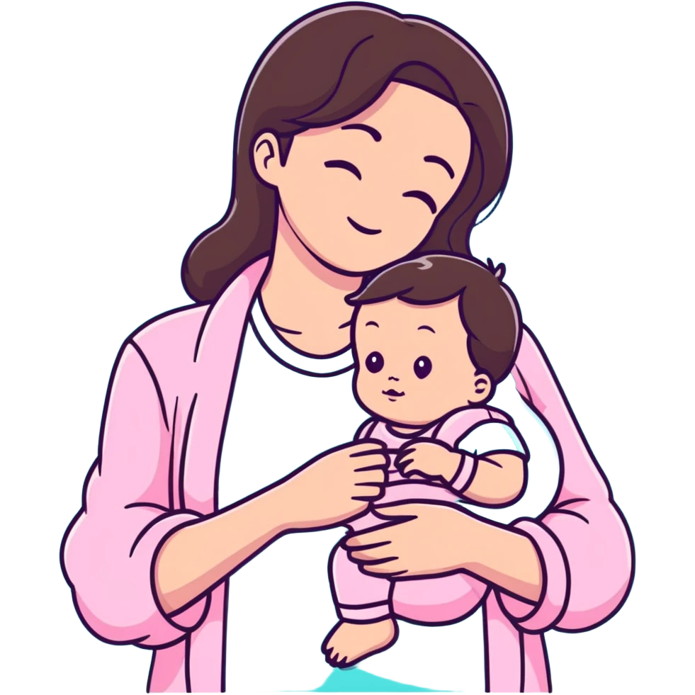 brunette mom cuddling baby with pastel pink clothing and accessories emoji
